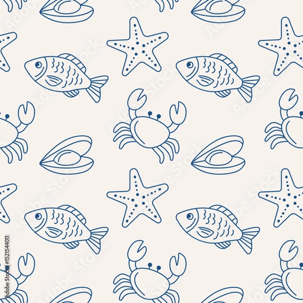 Fototapeta Seafood line art seamless pattern. Blue and white marine design with fish, crabs, clams and starfish.