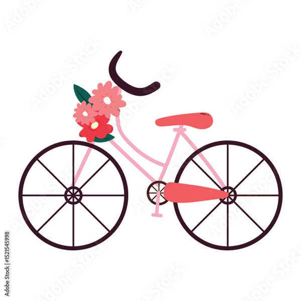 Fototapeta cartoon bicycle with black and pink color with flowers on it. cute transport drawing for sticker, cute doodle