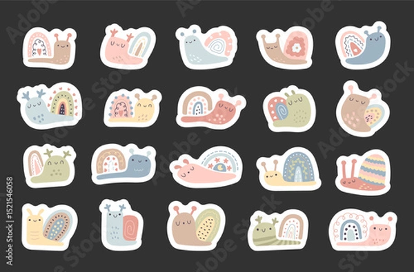 Fototapeta Snail character scandinavian style set created with inspiration for animal themed decorations, charming cartoon elements and hand drawn illustration and design projects