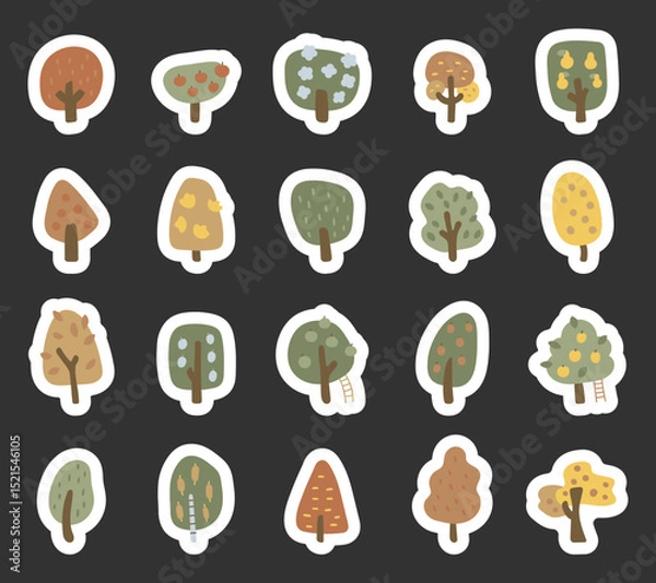 Fototapeta Tree orchard nature scandinavian style set with stylized and seasonal foliage designed for forest inspired nature decorations and creative organic natural design projects