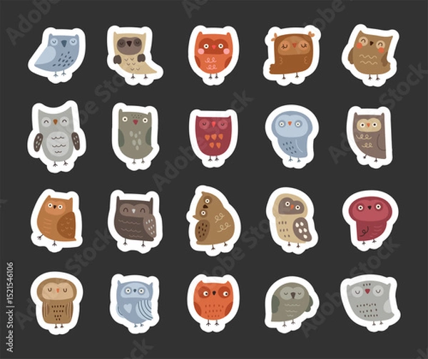 Fototapeta Owl character scandinavian style set created for cute woodland bird designs with feathers, wings, beak and cozy animal illustrations in kids themed projects
