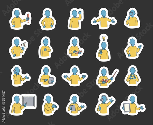 Fototapeta Abstract guide character set with hands, books, signs, boards, devices, emotions, communication, presentation, teaching, reading, message, symbols, approval, music, and expressive human poses