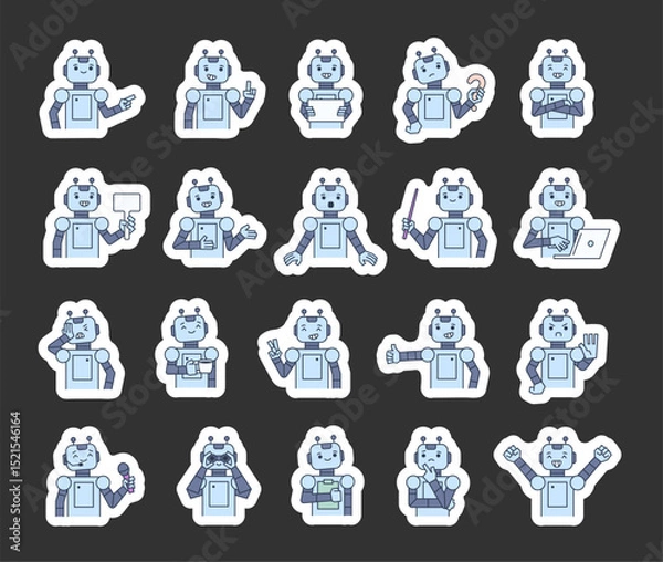 Fototapeta Robot guide character set with android features demonstrate communication, direction, teaching, thinking, celebration, and various emotional reactions for yours illustration