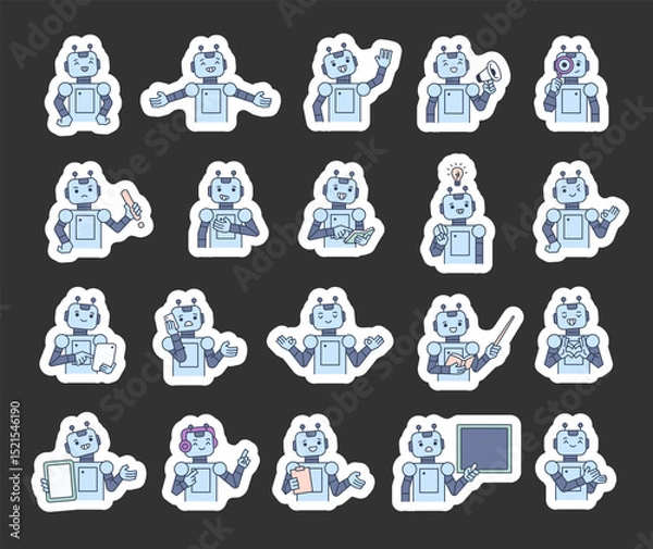 Fototapeta Robot guide character set with hands, books, signs, boards, devices, emotions, communication, presentation, teaching, reading, message, symbols, approval, music, and expressive android poses