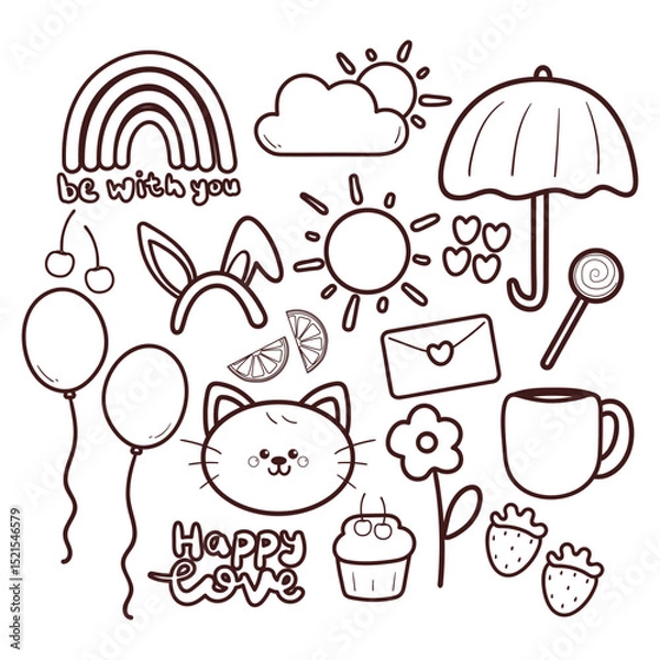 Fototapeta set of coloring page doodle with cute stuff cartoon set.cute drawing for coloring sticker, drawing book