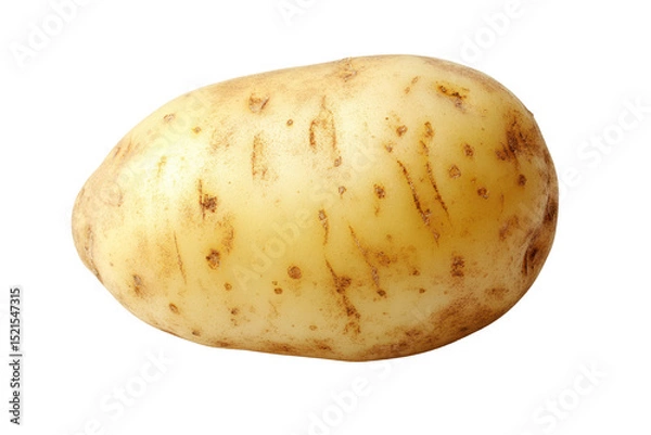 Obraz Potato Tuber Close-up: A single, unpeeled potato, showcasing its pale yellow skin and earthy texture, sits against a pure white background.