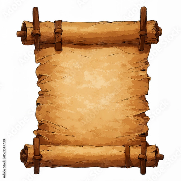 Obraz Ancient Parchment Scroll with Wooden Pegs and Leather Straps, Aged Rustic Texture