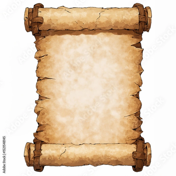 Obraz Ancient Parchment Scroll with Wooden Pegs and Leather Straps, Vintage Document Texture