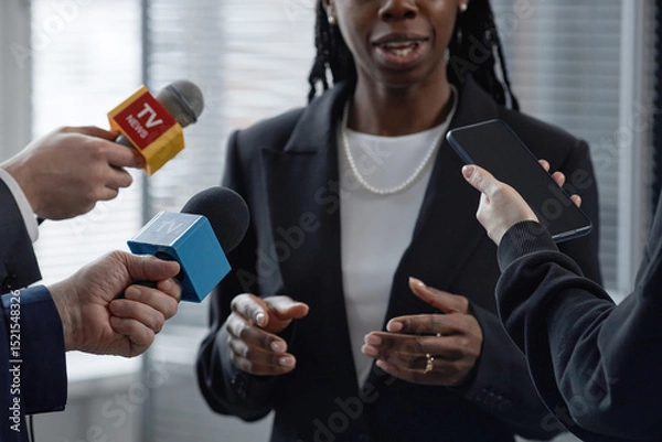 Fototapeta Cropped shot of Black female politician gesturing with hands answering questions, while speaking to group of journalists holding microphones and smartphone during press conference in office