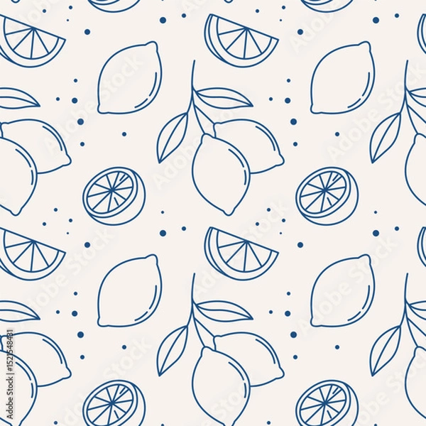 Fototapeta Lemon seamless pattern in blue. Hand drawn citrus fruit outline on light background.
