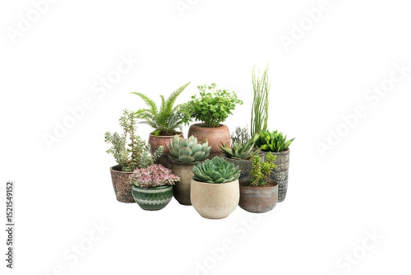 Fototapeta A Collection of Lush Planters: A vibrant display of various potted plants, showcasing an array of textures and forms. These botanical treasures bring the essence of nature indoors. 