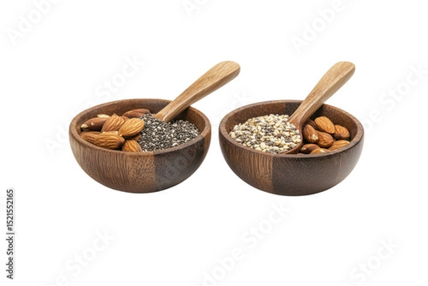 Obraz Almond and Chia Seed Bowls: Healthy snack food bowls, brimming with nutritious almonds and chia seeds, offering a wholesome and delicious snack option.