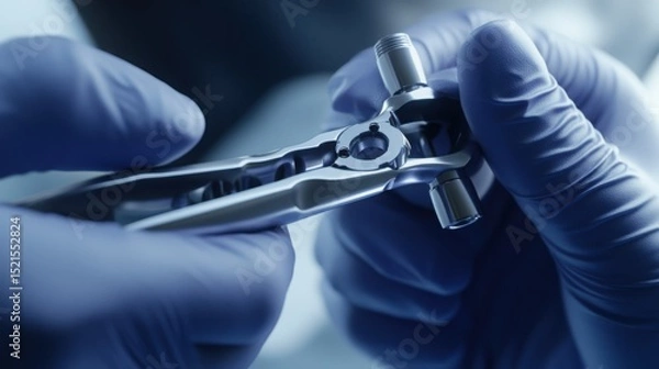 Fototapeta Performing meticulous biomedical engineering using advanced surgical tool in sterile blue gloves and
