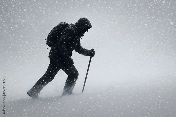 Fototapeta Person Walking Through a Blizzard with Heavy Snowfall and Using a Walking Stick