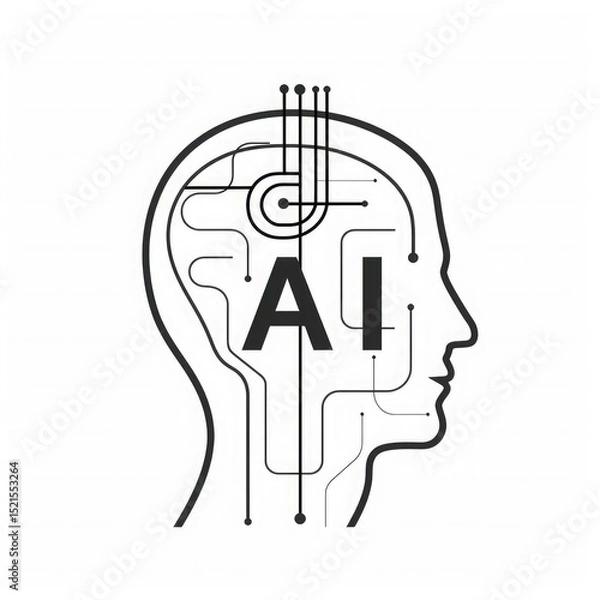 Fototapeta Black and white sketch of a human head with circuit lines and the letters 'AI' inside. Represents artificial intelligence and technology concepts.