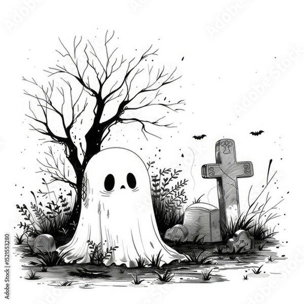 Fototapeta A simple black and white sketch illustration of a ghost near a gravestone. A bare tree stands in the background with scattered rocks and plants.