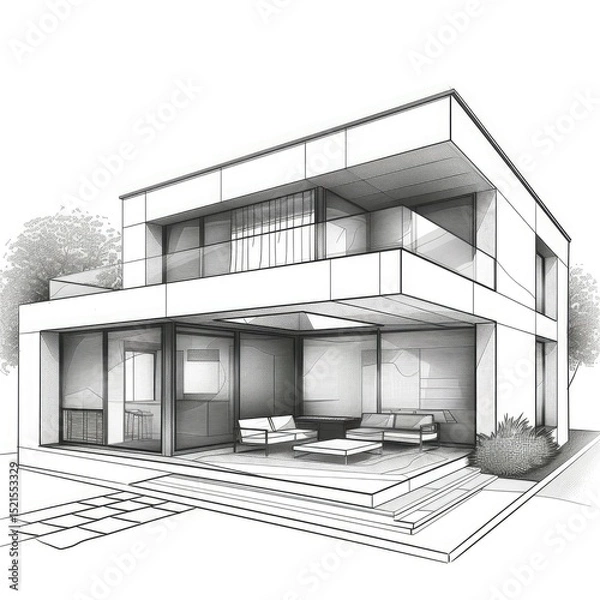Fototapeta A simple black and white sketch illustration of a modern house. The design features large windows, a flat roof, and a spacious patio area with outdoor seating.