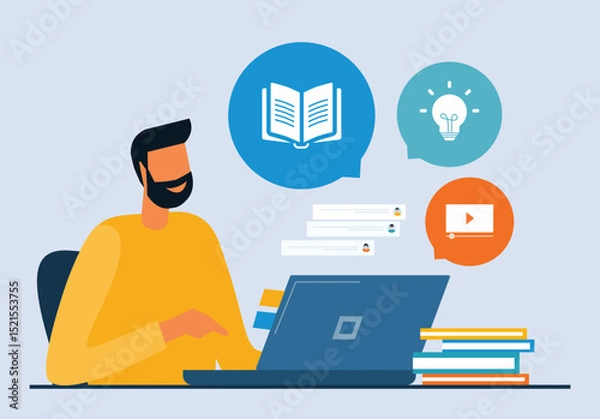 Obraz business online education. a man working and learning online on a laptop. flat illustration design concept
