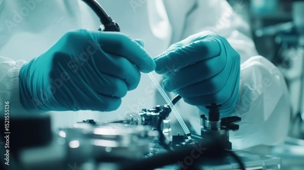 Fototapeta Performing delicate fiber optic work in a sterile lab pioneering future technologies cool blue tones