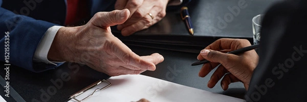 Fototapeta Website header shot of Caucasian middle aged man explaining contract terms and conditions to Black young adult woman writing on paper, during business meeting at office