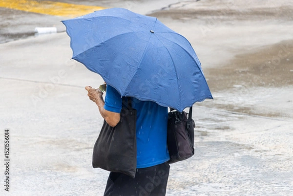 Obraz Person walking in rain with blue umbrella on wet street
