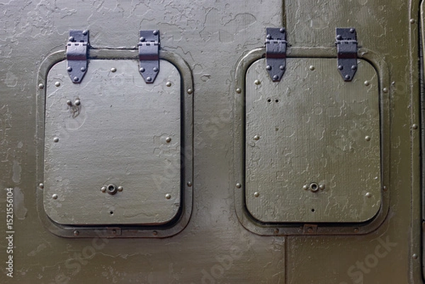 Obraz Green metal hatches with hinges on the armored body of a military truck, close up.