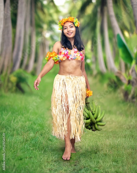 Obraz Ethnic woman dressed as Hawaii Hula Dancer, carrying bananas in tropical nature