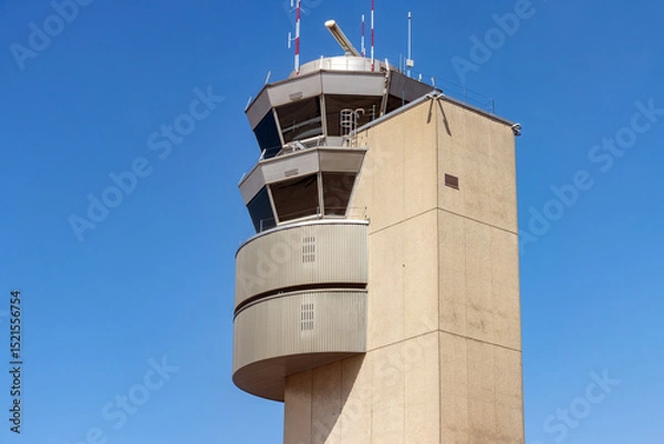 Obraz A contemporary design airport control tower on a sunny day with a clear sky,
