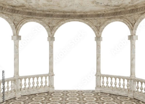 Fototapeta semicircular gazebo with arched columns, balustrade, and geometric pattern under the ceiling