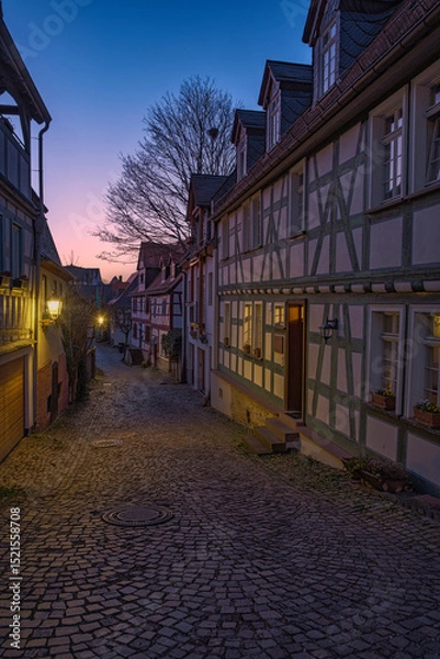 Fototapeta A small alley with lanterns and half-timbered houses at dusk in Idstein in the Taunus region