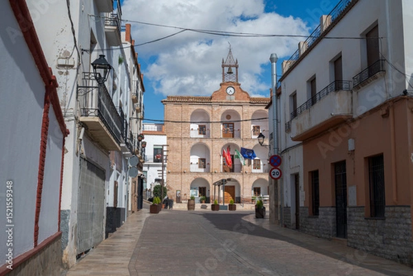 Fototapeta A picturesque street in Laujar de Andarax, Almeria, Spain, leads to the historic Town Hall, a brick building with arches, balconies, and a clock tower, adorned with flags under a bright blue sky