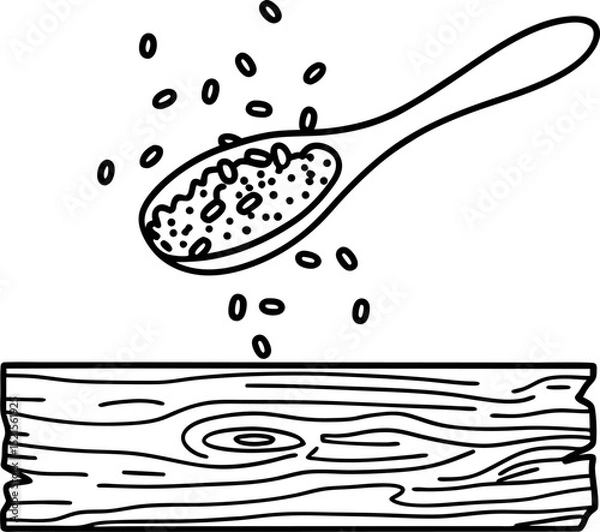 Fototapeta Spoon of rice grains falling on wooden table, minimalist line art illustration