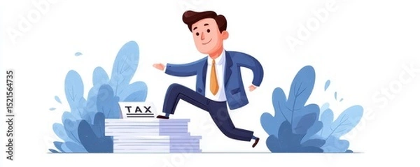 Fototapeta A happy businessman steps over a stack of tax papers surrounded by blue foliage, symbolizing overcoming tax challenges.