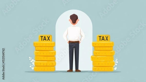 Fototapeta A man stands between two stacks of coins labeled "TAX," facing a doorway, symbolizing financial decisions or tax obligations.