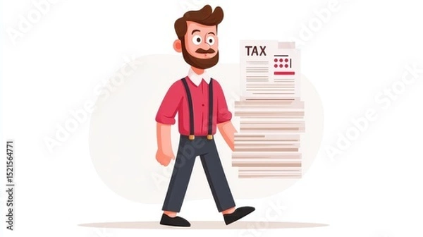 Fototapeta A smiling man in suspenders carries a tall stack of tax documents, suggesting financial or tax-related responsibilities.
