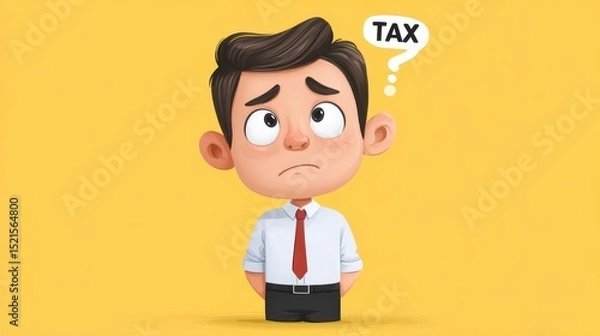 Fototapeta A confused man in business attire wonders about taxes, with a thought bubble containing the word "TAX" on a yellow background.
