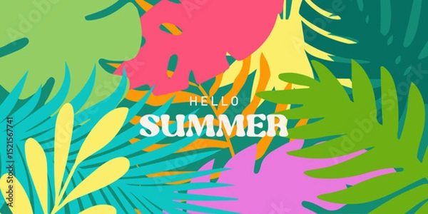 Fototapeta Summer colorful horizontal abstract background with tropical leaves. Botanical jungle leaves and floral frame. Design template for discount, ad, branding, banner, cover, label, poster, sale.
