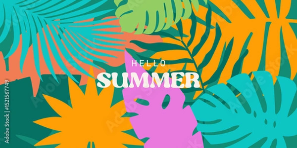 Fototapeta Summer colorful horizontal abstract background with tropical leaves. Botanical jungle leaves and floral frame. Design template for discount, ad, branding, banner, cover, label, poster, sale.