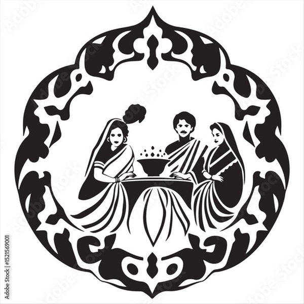 Fototapeta Elegant black and white vector logo silhouette portraying a South Asian family gathering.  Geometric, symmetrical shapes and clean lines create visual balance and clarity on a white background