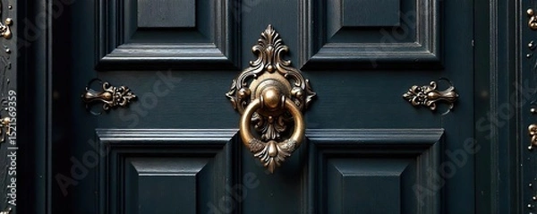 Fototapeta Ornate Victorian-era details on a dark wooden door, including intricate carvings and a brass knocker Perfect for historical, architectural, or design projects , wood, dark