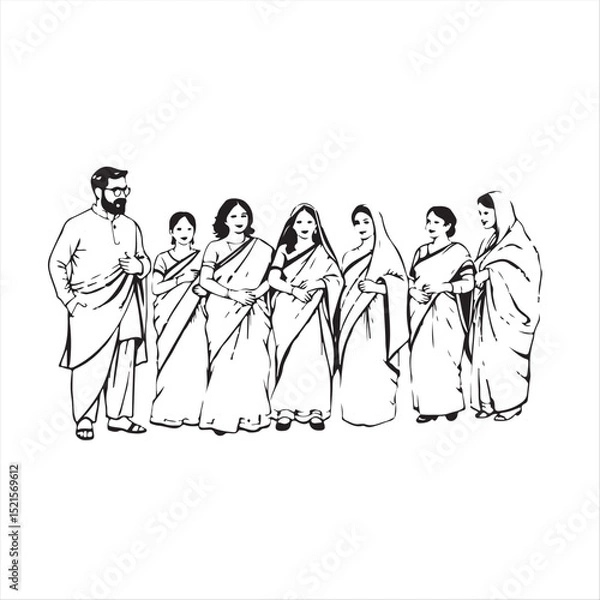 Fototapeta Timeless and elegant black and white hand-drawn sketch, vector style silhouette depicting a South Asian family gathering.  Rough lines, textured pencil strokes on white background