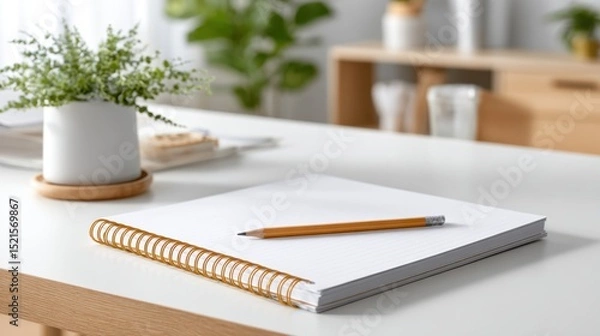 Fototapeta Blank Spiral Notebook with Pencil on a Clean Desk Surrounded by Greenery