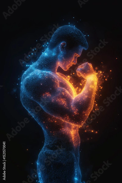 Fototapeta An athletic man flexes his muscles, captured in a detailed low poly wireframe design. The visualization emphasizes vitality and strength with vibrant colors representing health