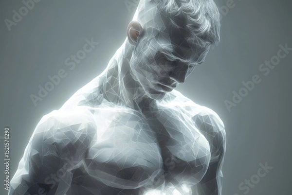 Fototapeta A strong muscular man presented in a low poly wireframe design, symbolizing vitality and strength. The frontal view accentuates his impressive physique
