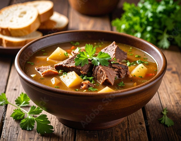 Fototapeta a bowl of beef ribs soup isolated on a wooden table