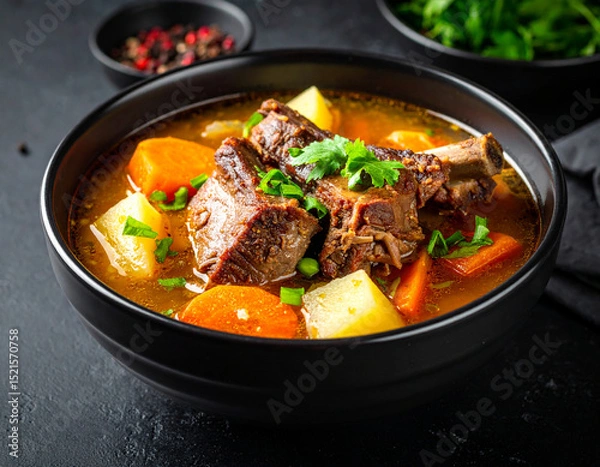 Fototapeta a bowl of beef ribs soup isolated on a wooden table