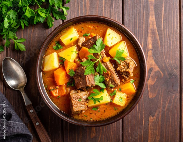 Fototapeta a bowl of beef ribs soup isolated on a wooden background, top view.