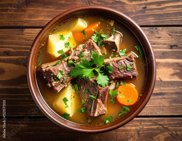 Fototapeta a bowl of beef ribs soup isolated on a wooden background, top view.