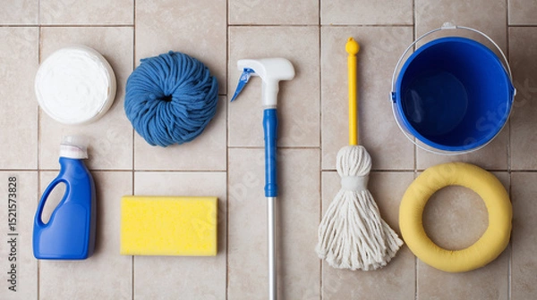 Obraz Neatly arranged cleaning supplies with mop and bucket, showcasing professional janitorial organization and efficiency.