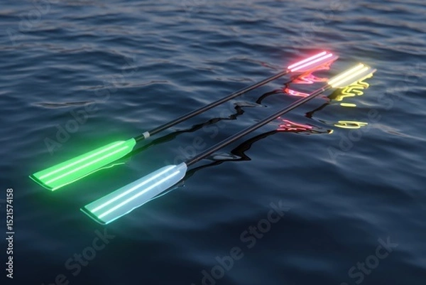 Fototapeta Neon Oars Floating on Calm Water Surface at Dusk or Dawn